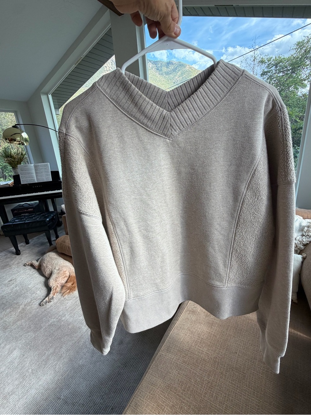 aerie Relaxed V-Neck Knit Sweater in Light Beige